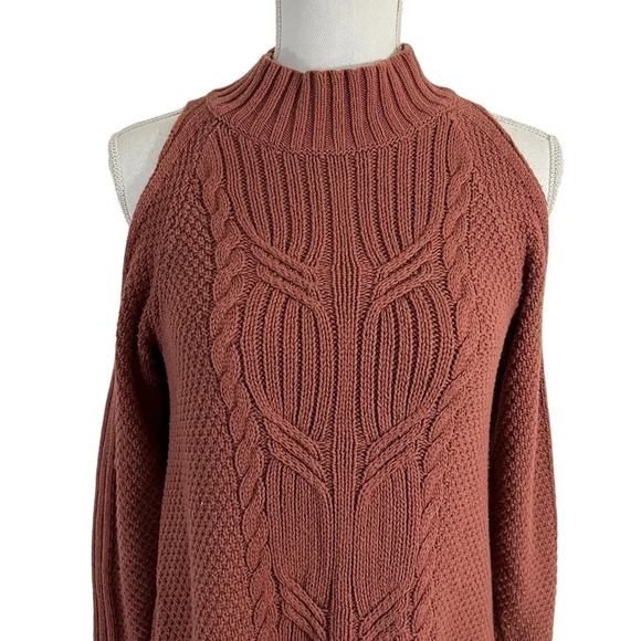 Express Brown Cable Knit Dress Small Cold Shoulder Solid Pattern Pullover Casual - Picture 4 of 9